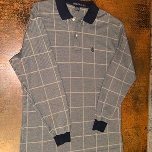 Nautica Men's Navy Checkered Long Sleeve Polo